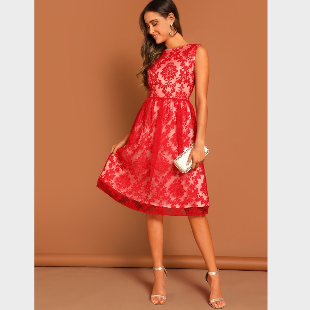 Red Mesh Floral Damask Fit & Flare Dress - Picture 5 of 8